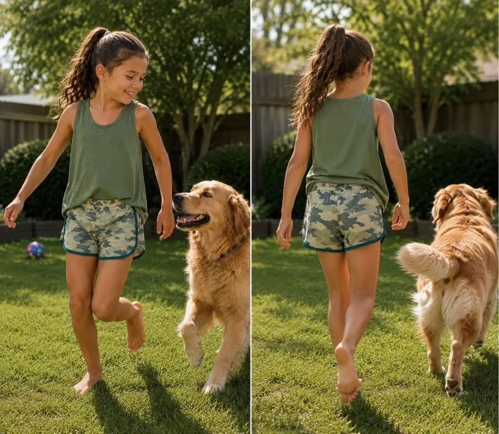 Justice 100% cotton pull on camo shorts w/Pom Pom border sz 8 girls